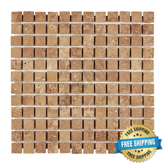 Noce Travertine 1’’ X 1’’ Mosaic Tumbled/Filled & Honed/Split-Faced Wall Tile