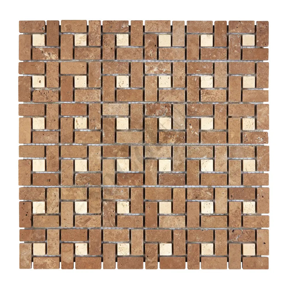 Noce Travertine 5/8’’ X 1-1/4’’ Pinwheel Mosaic w/ Ivory Dots Tumbled Wall Tile