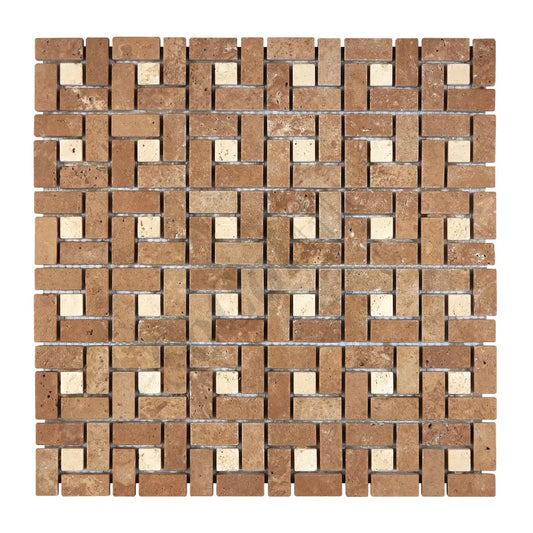 Noce Travertine 5/8’’ X 1-1/4’’ Pinwheel Mosaic w/ Ivory Dots Tumbled Wall Tile