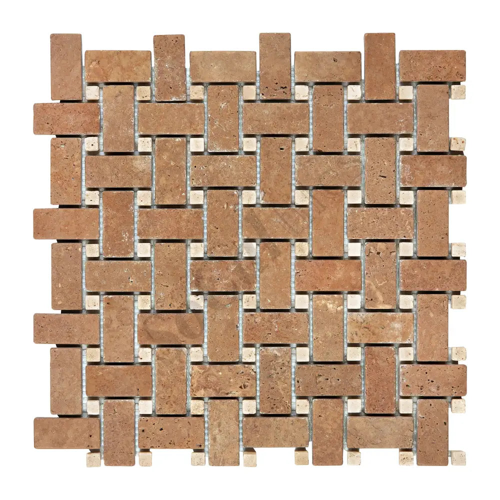Noce Travertine Basketweave Mosaic (w/ Ivory Dots) Tumbled Wall Tile