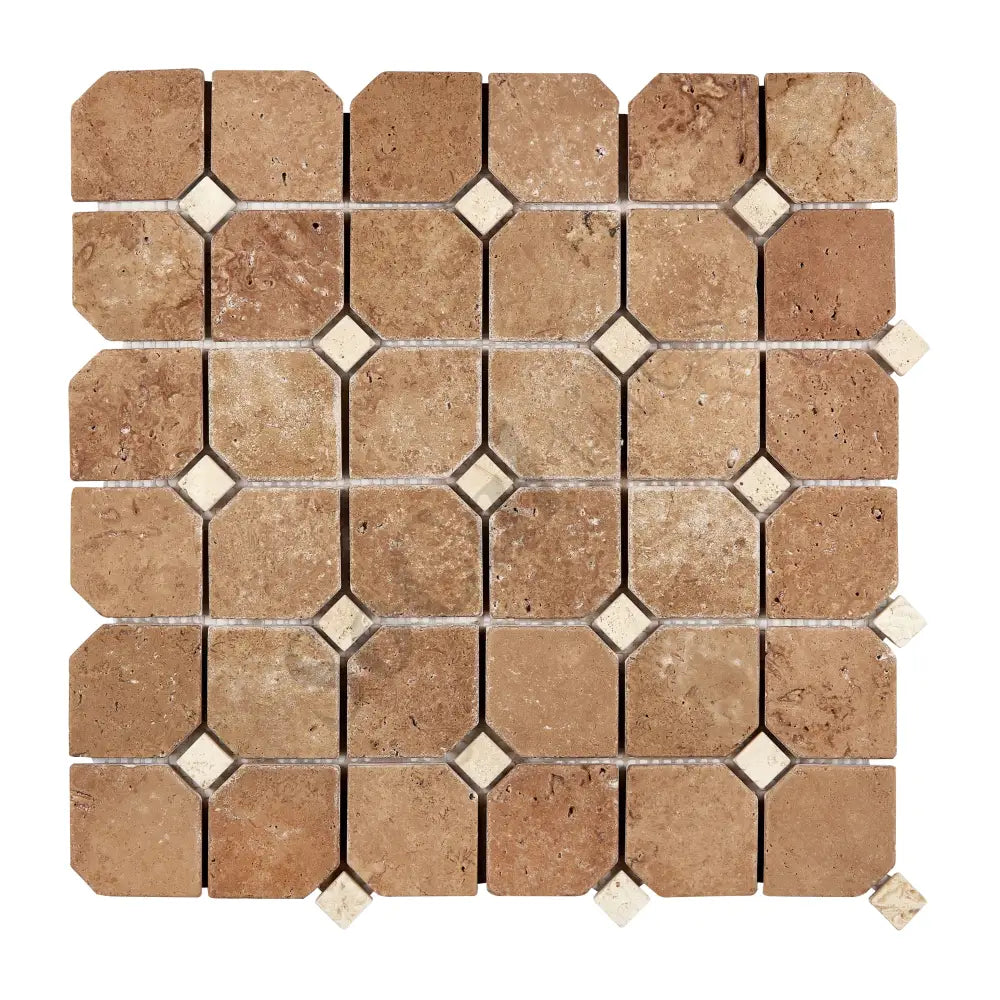 Noce Travertine Octagon Mosaic w/ Ivory Dots Tumbled Wall Tile