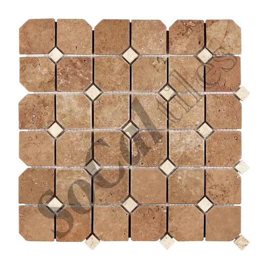 Noce Travertine Octagon Mosaic w/ Ivory Dots Tumbled Wall Tile