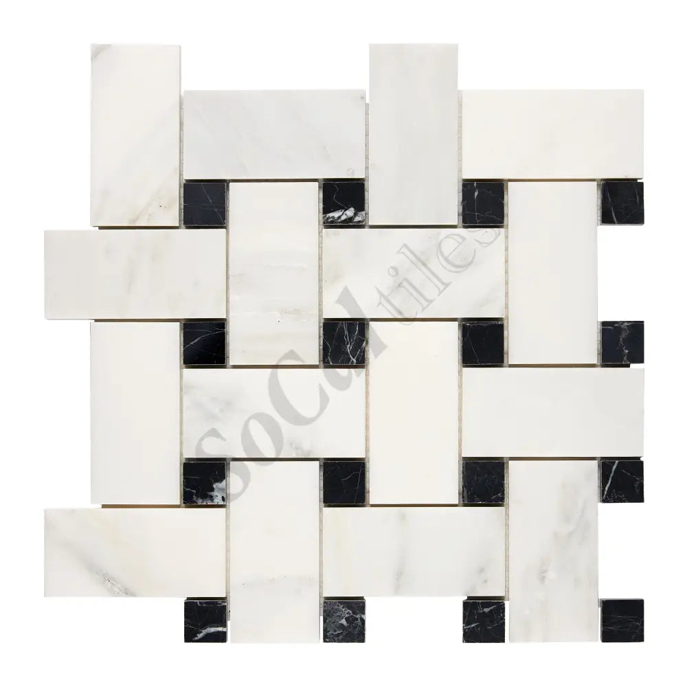 Oriental White (Asian Statuary) Marble Basketweave Large Mosaic (w/ Black) Polished/Honed Wall Tile