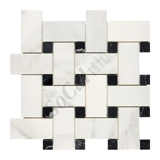 Oriental White (Asian Statuary) Marble Basketweave Large Mosaic (w/ Black) Polished/Honed Wall Tile