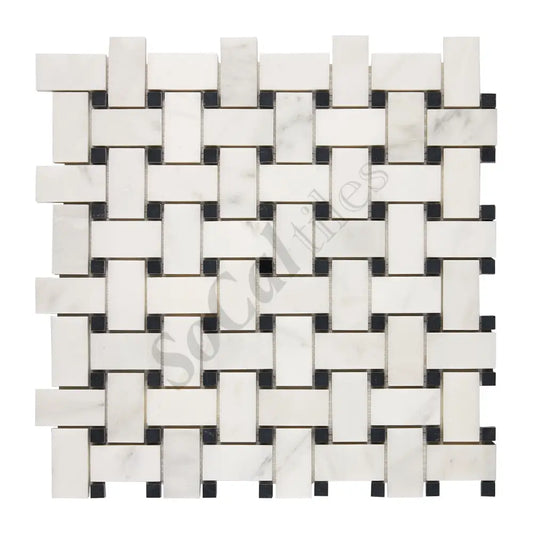 Oriental White (Asian Statuary) Marble Basketweave Mosaic (w/ Black) Polished/Honed Wall Tile