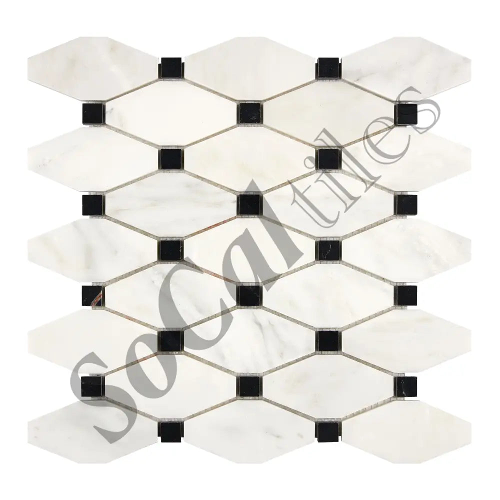Oriental White (Asian Statuary) Marble Long Octagon) Mosaic (w/ Black) Polished/Honed Wall Tile