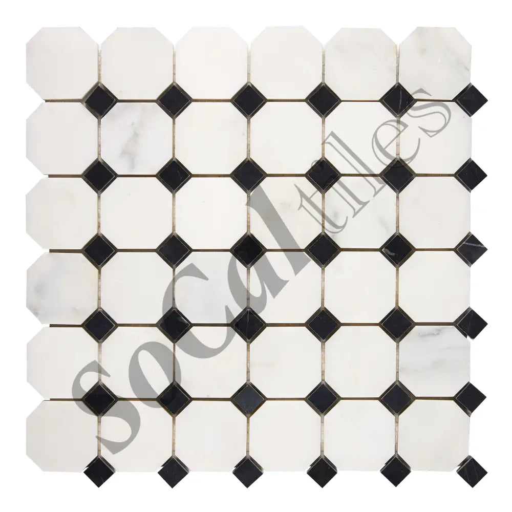 Oriental White (Asian Statuary) Marble Octagon Mosaic (w/ Black) Polished/Honed Wall Tile