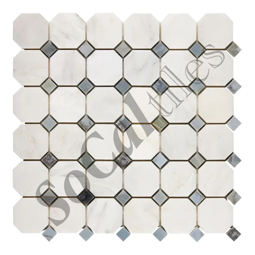 Oriental White (Asian Statuary) Marble Octagon Mosaic (w/ Blue-Gray) Polished/Honed Wall Tile