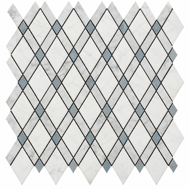 Oriental White marble lattice mosaic with Thassos and blue-gray accents