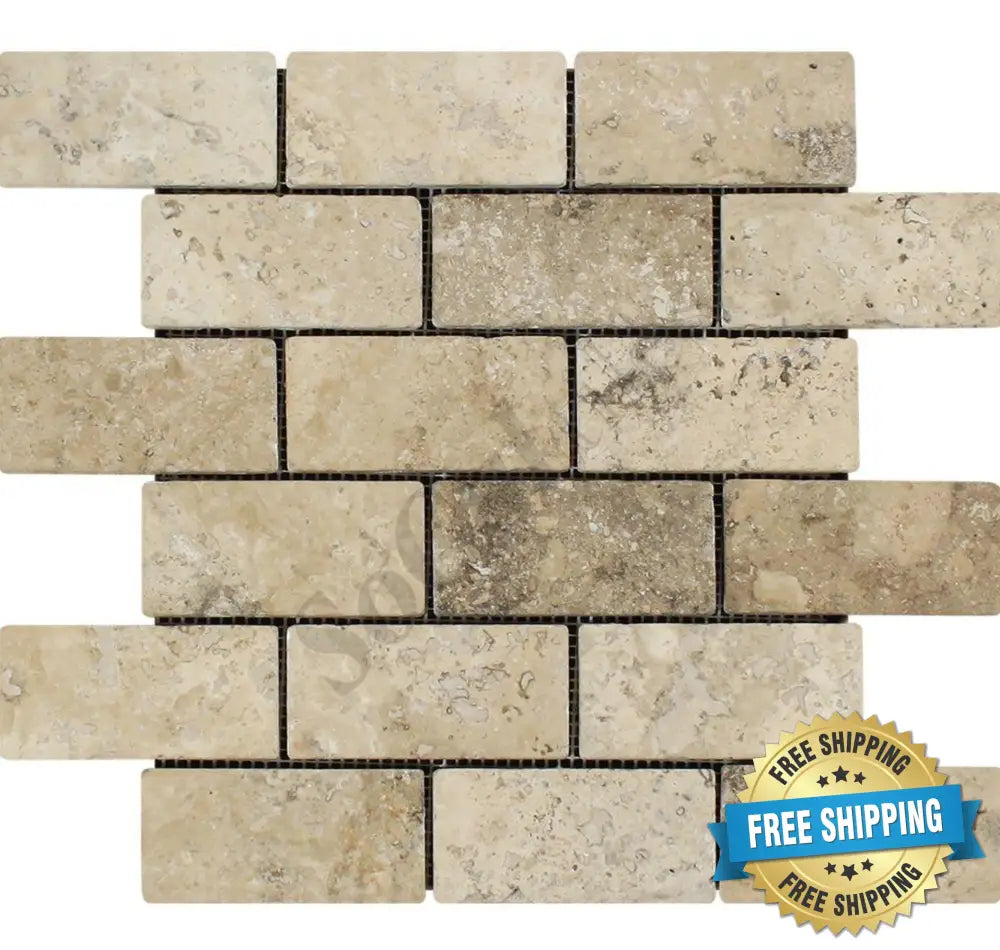Philadelphia Travertine 2’’ X 4’’ Brick Mosaic Tumbled/Split-Faced Tumbled / 1 sheet Wall Tile