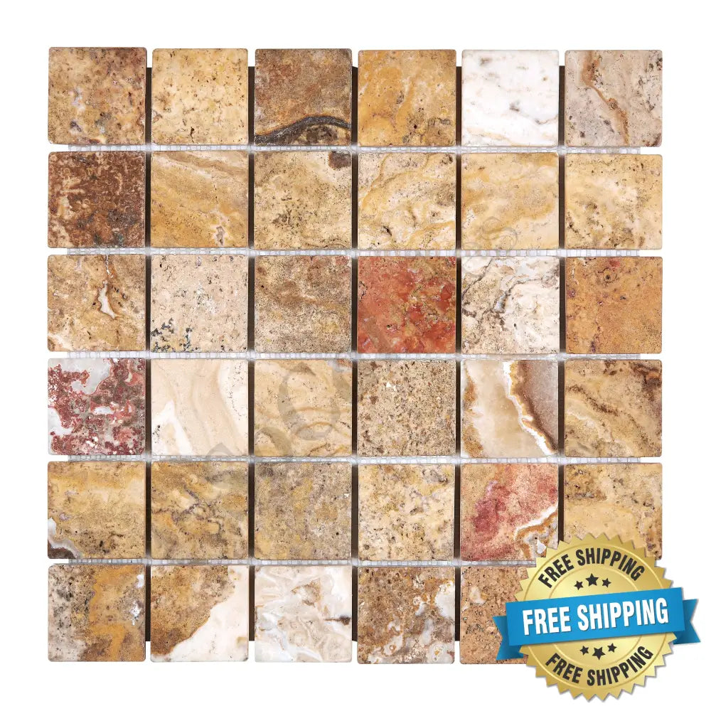 Scabos Travertine 2’’ X 2’’ Mosaic Tumbled/Polished/CNC-Arched Wall Tile