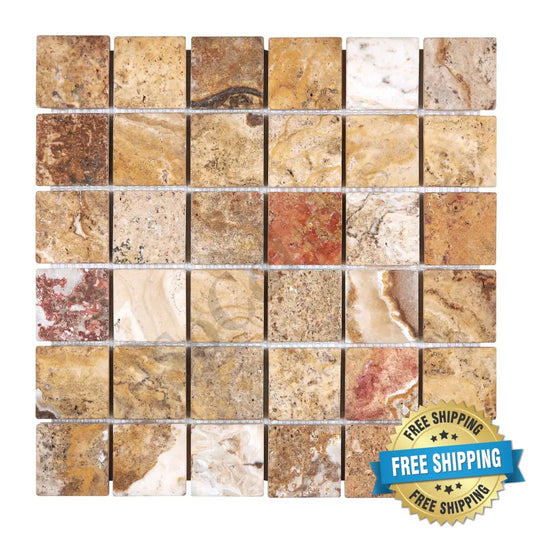 Scabos Travertine 2’’ X 2’’ Mosaic Tumbled/Polished/CNC-Arched Wall Tile