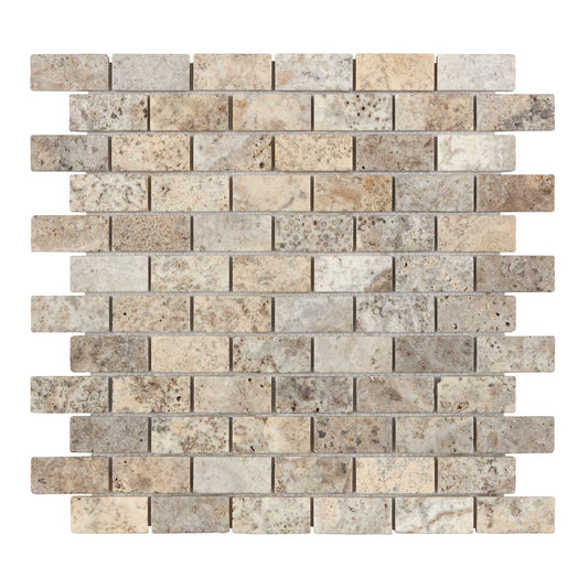 Silver Pewter Blend Travertine 1’’ X 2’’ Brick Mosaic Tumbled/Split-Faced Tumbled / 1 sheet Wall Tile