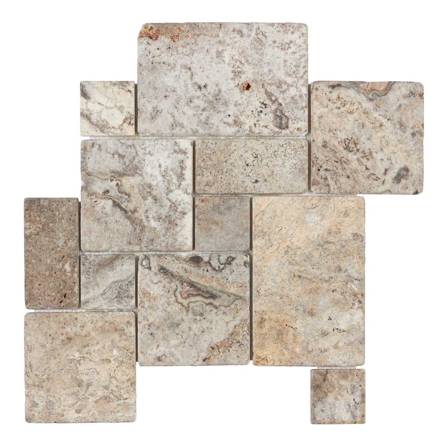 Silver Pewter Blend Travertine OPUS Mini-Pattern Mosaic Interlocking Tumbled Wall Tile