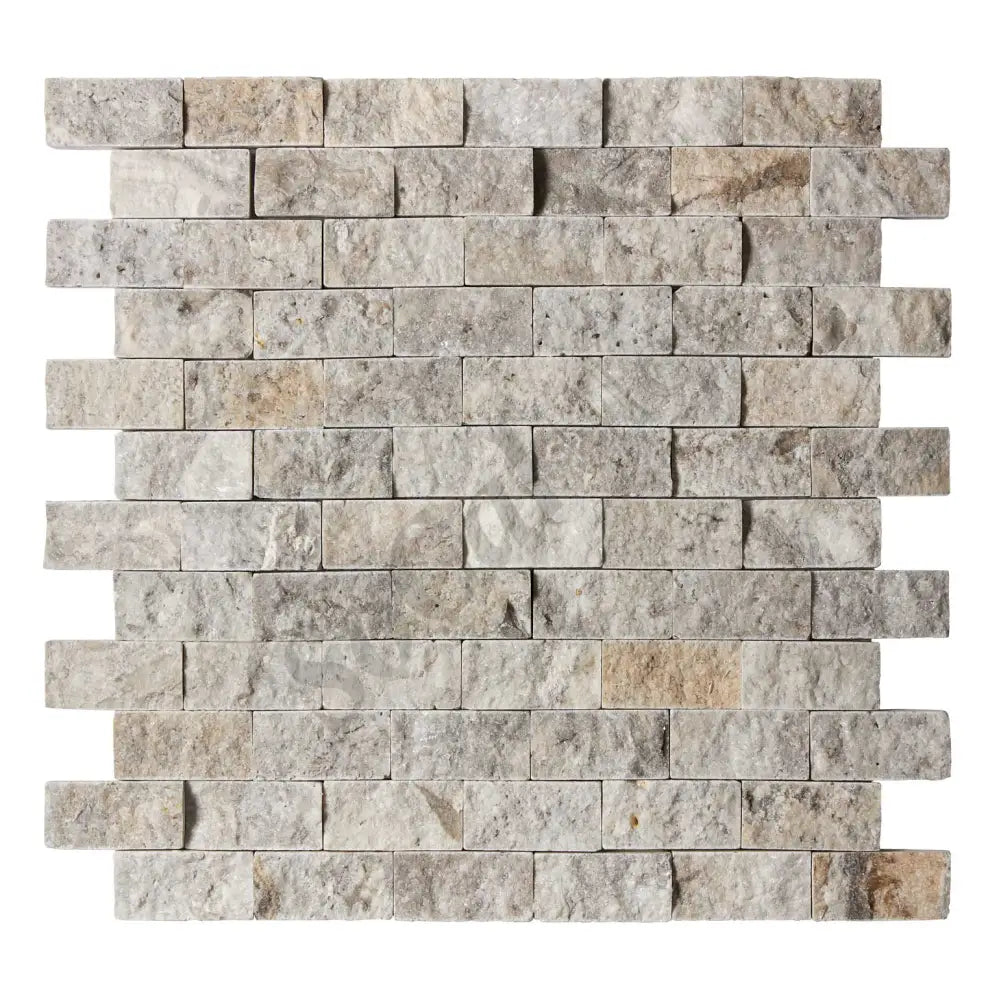 Silver Pewter Blend Travertine 1’’ X 2’’ Brick Mosaic Tumbled/Split-Faced Split-Faced / 1 sheet Wall Tile