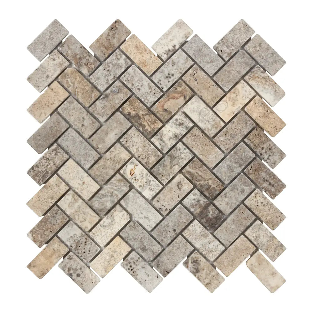 Silver Pewter Blend Travertine 1’’ X 2’’ Herringbone Mosaic Tumbled Wall Tile