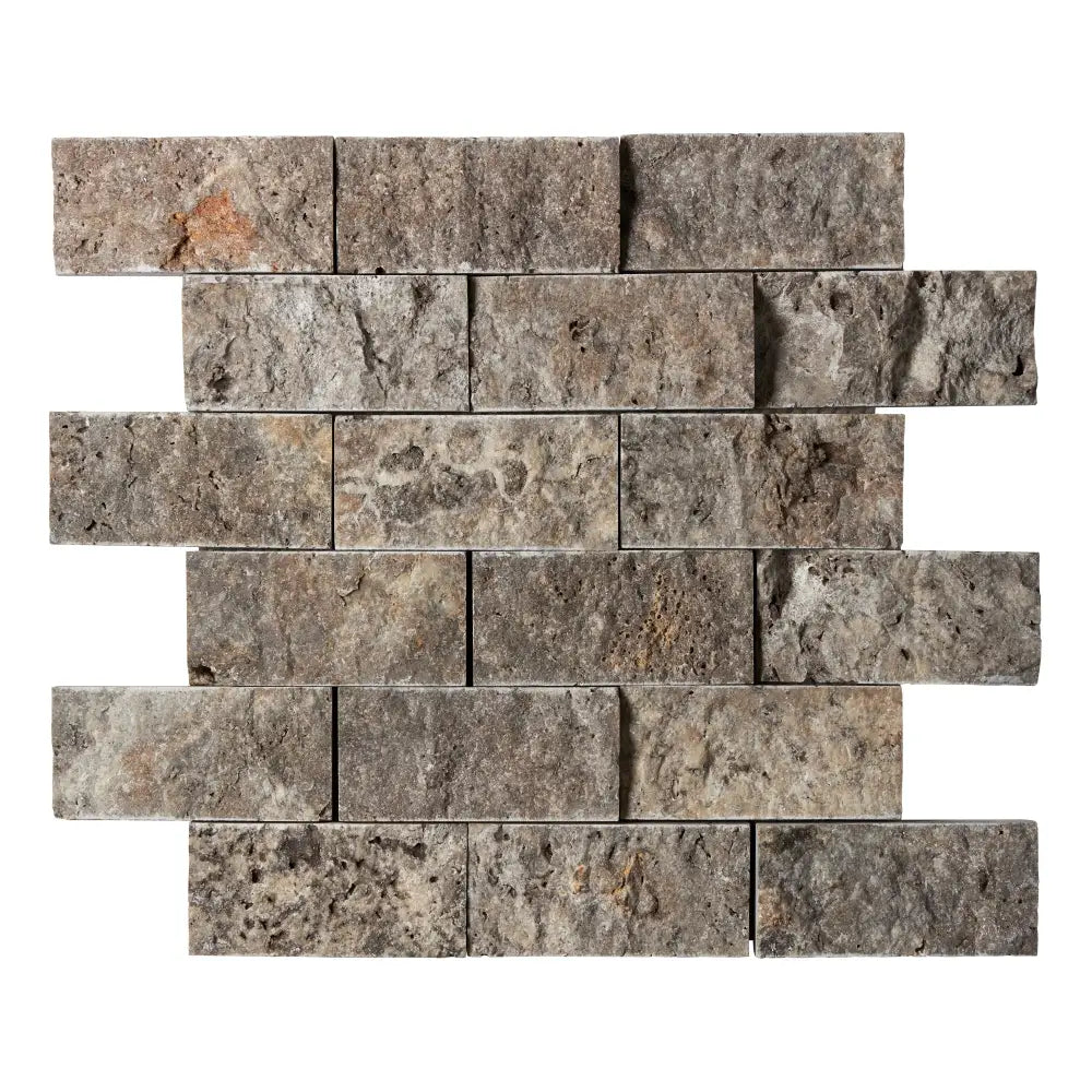 Silver Pewter Blend Travertine 2’’ X 4’’ Brick Mosaic Tumbled/Split-Faced Split-Faced / 1 sheet Wall Tile