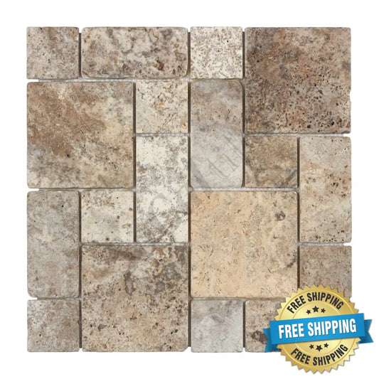 Silver Pewter Blend Travertine 3-pcs. Mini-Pattern Mosaic Non-Interlocking Tumbled Wall Tile
