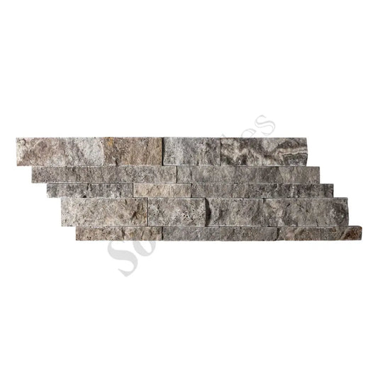 Silver Pewter Blend Travertine Ledger-Panel Split-Faced Wall Tile