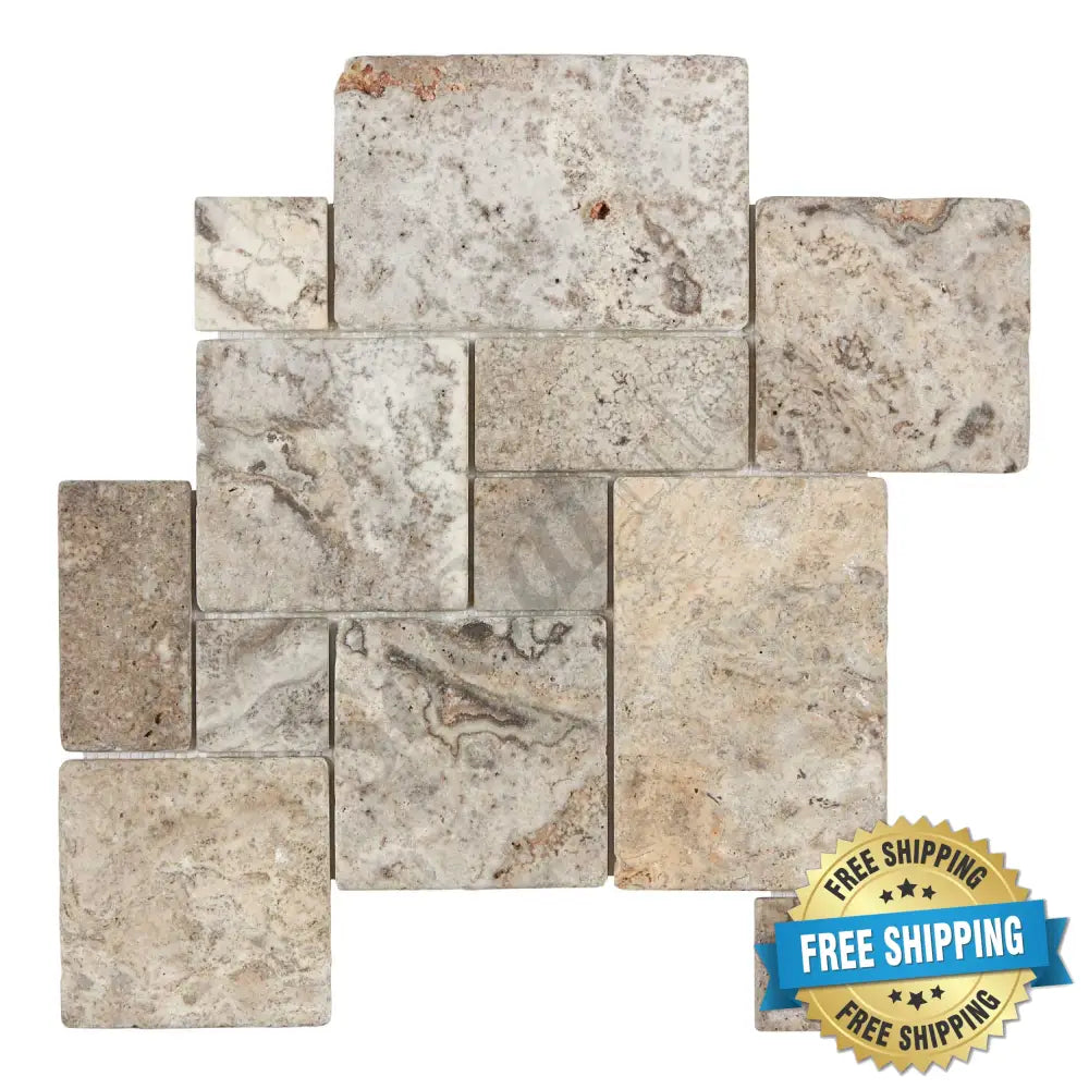 Silver Pewter Blend Travertine OPUS Mini-Pattern Mosaic Interlocking Tumbled Wall Tile