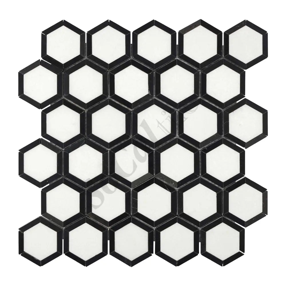 Thassos White Marble 2’’ X 2’’ Vortex Hexagon (w/ Black) Polished/Honed Backsplash Tile