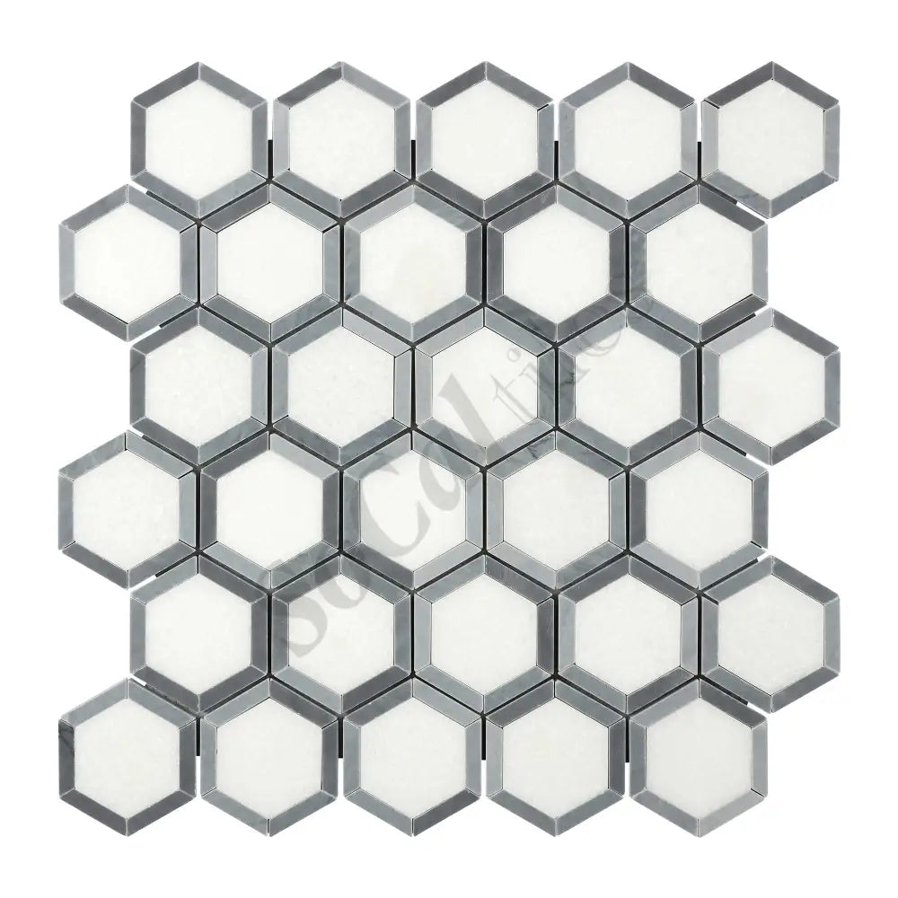 Thassos White Marble 2’’ X 2’’ Vortex Hexagon (w/ Blue-Gray) Polished/Honed Backsplash Tile