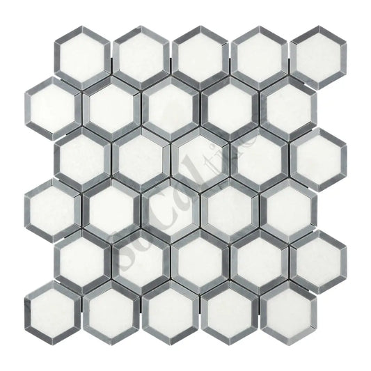 Thassos White Marble 2’’ X 2’’ Vortex Hexagon (w/ Blue-Gray) Polished/Honed Backsplash Tile
