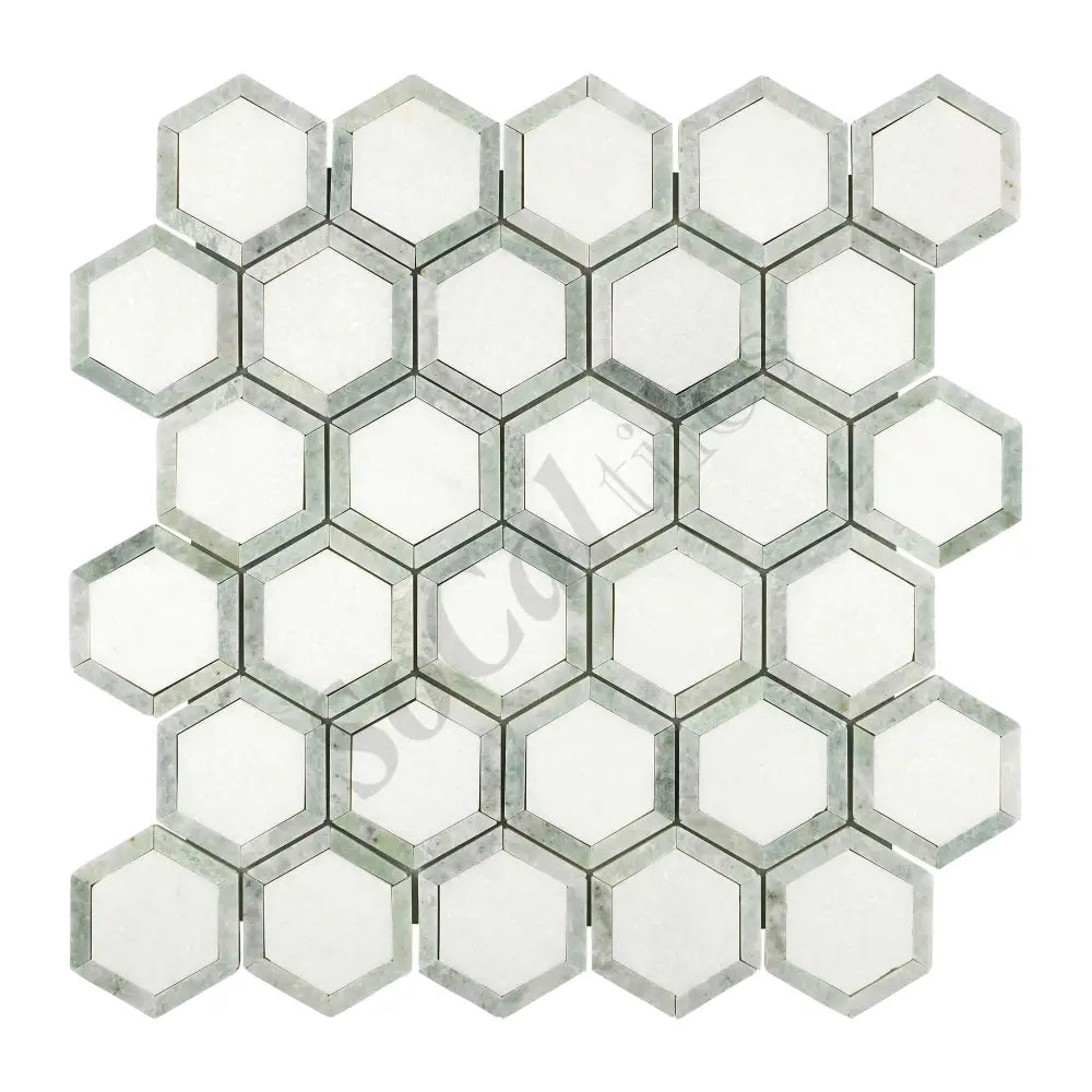 Thassos White Marble 2’’ X 2’’ Vortex Hexagon (w/ Ming Green) Polished/Honed Backsplash Tile