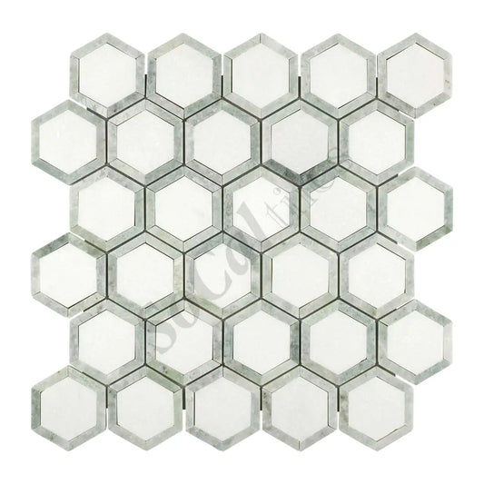 Thassos White Marble 2’’ X 2’’ Vortex Hexagon (w/ Ming Green) Polished/Honed Backsplash Tile