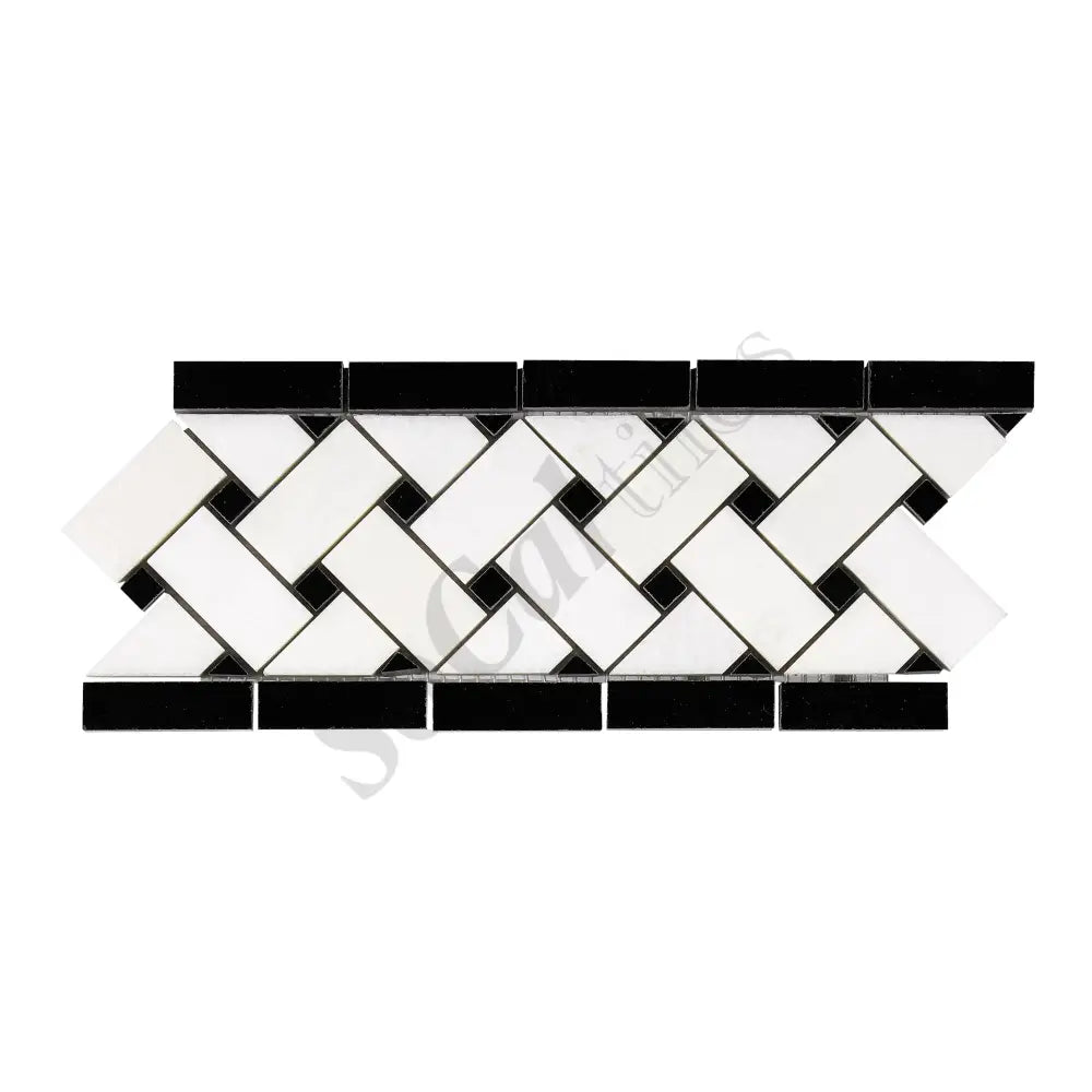 Thassos White Marble 4-3/4’’ X 12’’ Basketweave Border (w/ Black) Polished/Honed Accent & Trim Tile