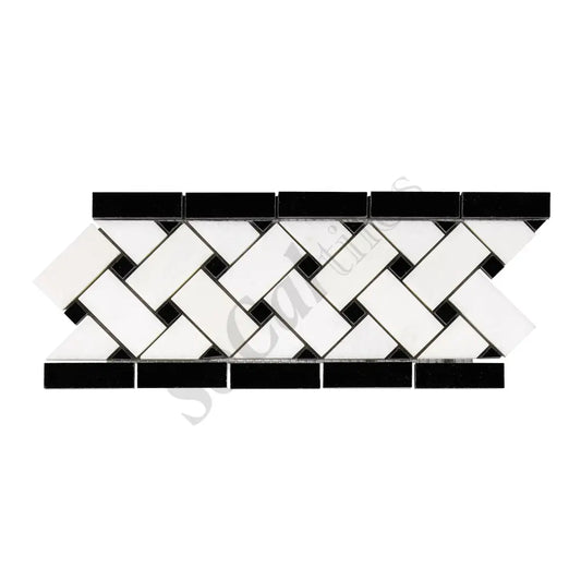 Thassos White Marble 4-3/4’’ X 12’’ Basketweave Border (w/ Black) Polished/Honed Accent & Trim Tile