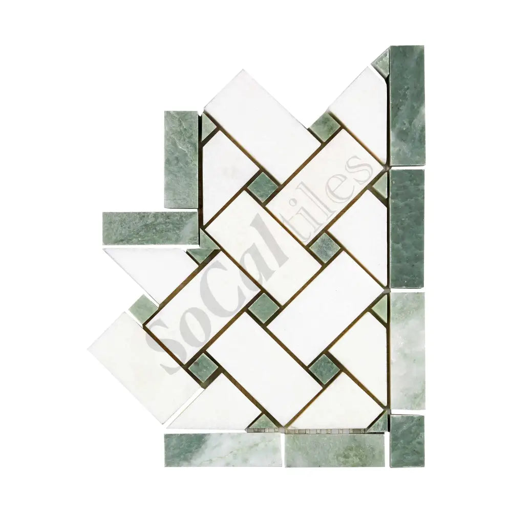 Thassos White Marble 4-3/4’’ X 12’’ Basketweave Border (w/ Ming Green) Polished/Honed Accent & Trim Tile