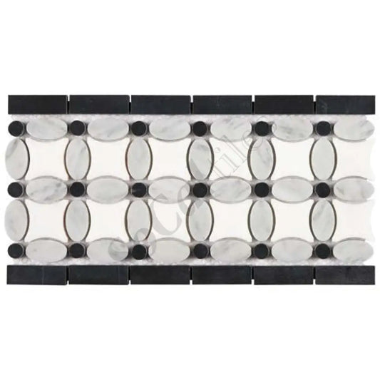 Thassos White Marble 5-3/4’’ X 11-1/4’’ Florida Flower Border (w/ Carrara Oval + Black Dots) Polished/Honed Accent &