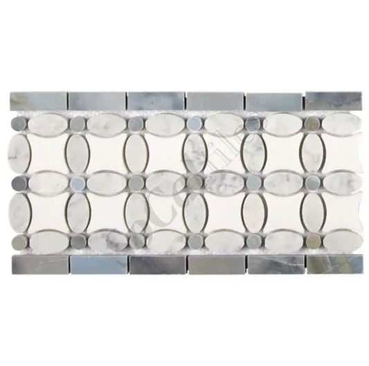 Thassos White Marble 5-3/4’’ X 11-1/4’’ Florida Flower Border (w/ Carrara Oval + Blue-Gray Dots) Polished/Honed Accent