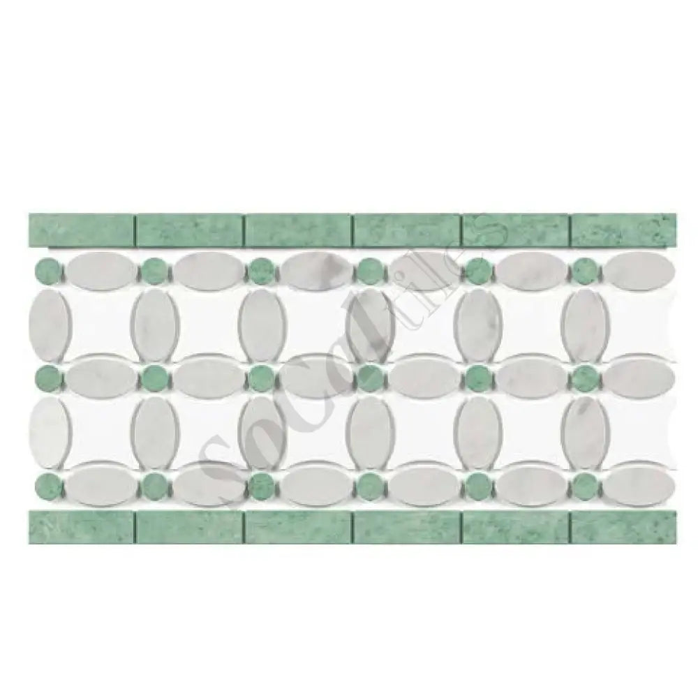 Thassos White Marble 5-3/4’’ X 11-1/4’’ Florida Flower Border (w/ Carrara Oval + Ming Green Dots) Polished/Honed Accent