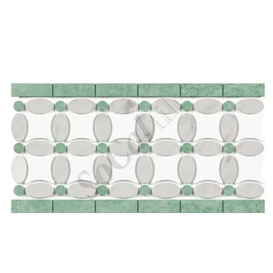 Thassos White Marble 5-3/4’’ X 11-1/4’’ Florida Flower Border (w/ Carrara Oval + Ming Green Dots) Polished/Honed Accent