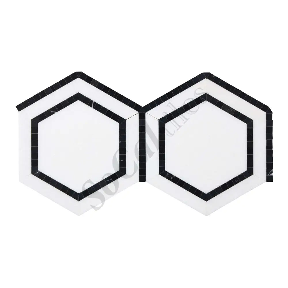 Thassos White Marble 5’’ X 5’’ Hexagon Combination Mosaic (w/ Black) Polished/Honed Backsplash Tile