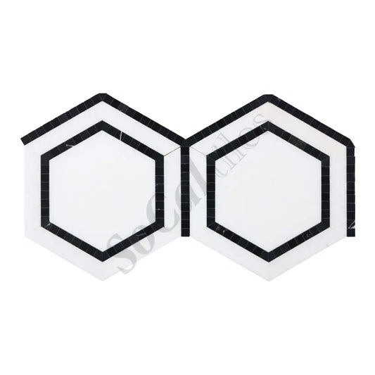 Thassos White Marble 5’’ X 5’’ Hexagon Combination Mosaic (w/ Black) Polished/Honed Backsplash Tile