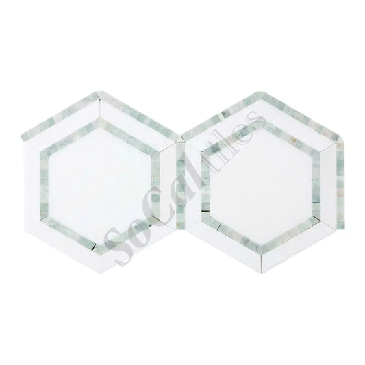 Thassos White Marble 5’’ X 5’’ Hexagon Combination Mosaic (w/ Ming-Green) Polished/Honed Backsplash Tile