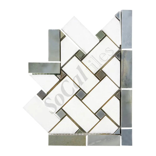 Thassos White Marble Basketweave Border CORNER (w/ Blue-Gray) Polished/Honed Accent & Trim Tile