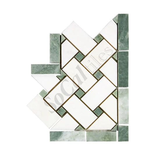 Thassos White Marble Basketweave Border CORNER (w/ Ming Green) Polished/Honed Accent & Trim Tile