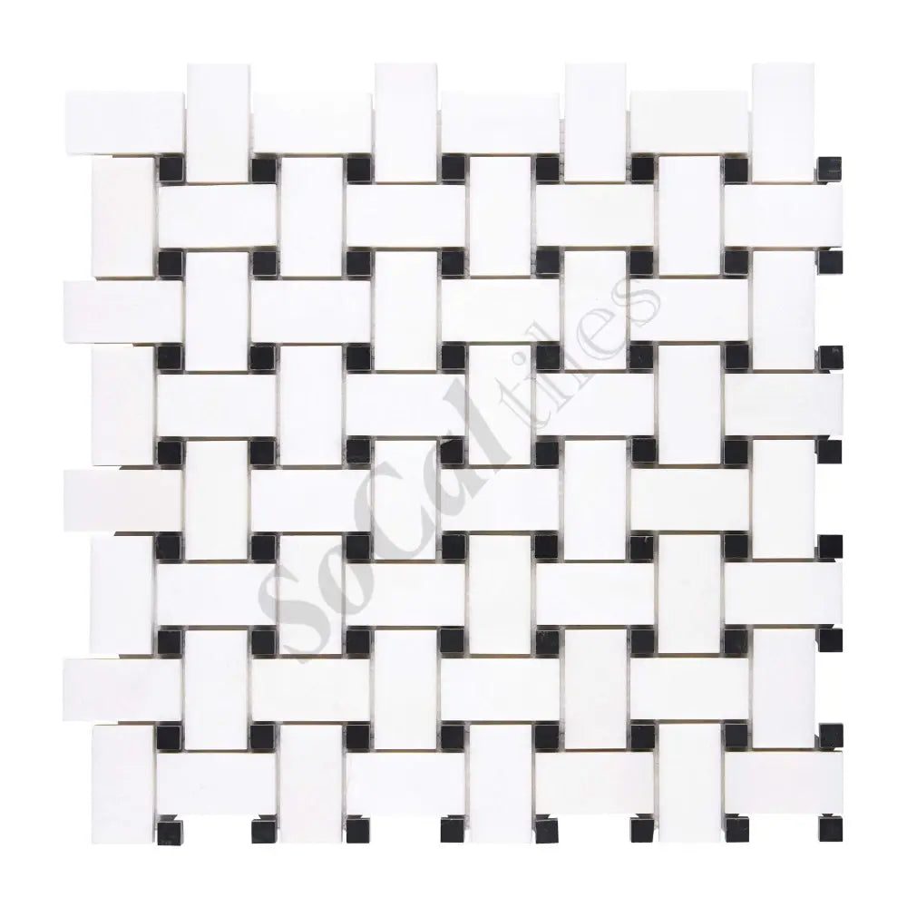 Thassos White Marble Basketweave Mosaic (w/ Black) Polished/Honed Backsplash Tile