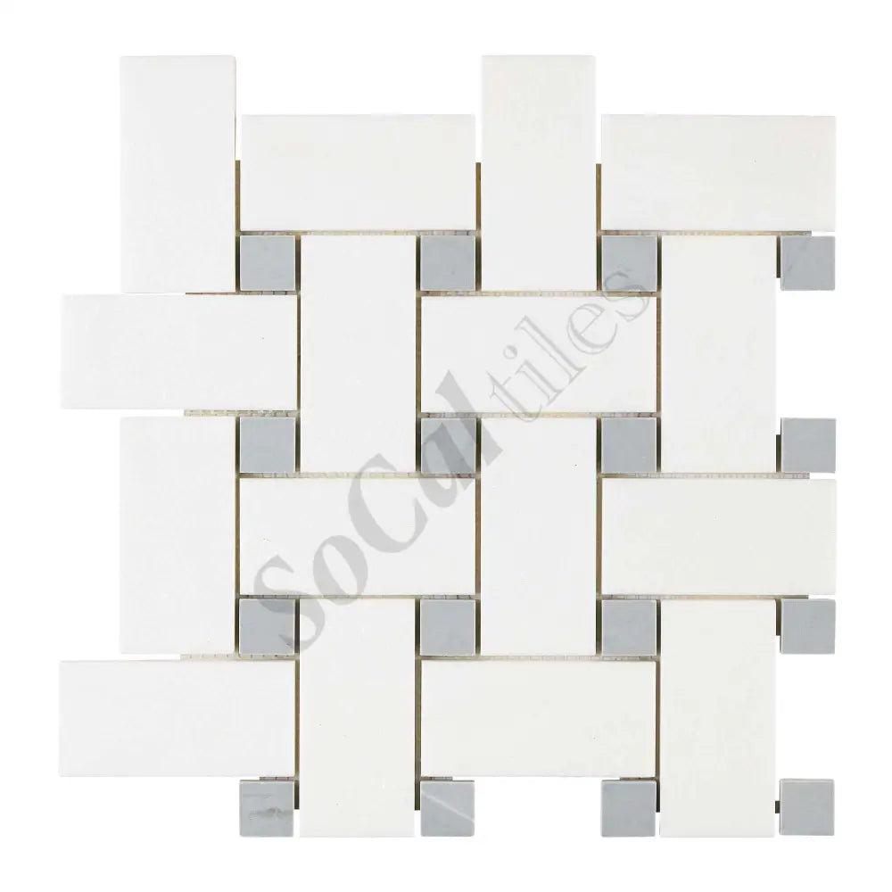 Thassos White Marble Basketweave Mosaic (w/ Blue-Gray) Large Polished/Honed Backsplash Tile