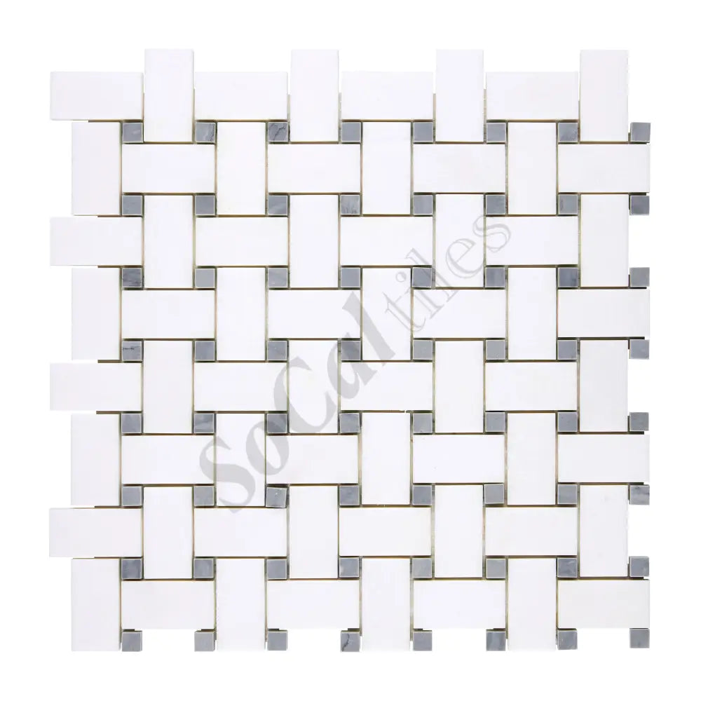 Thassos White Marble Basketweave Mosaic (w/ Blue-Gray) Polished/Honed Backsplash Tile