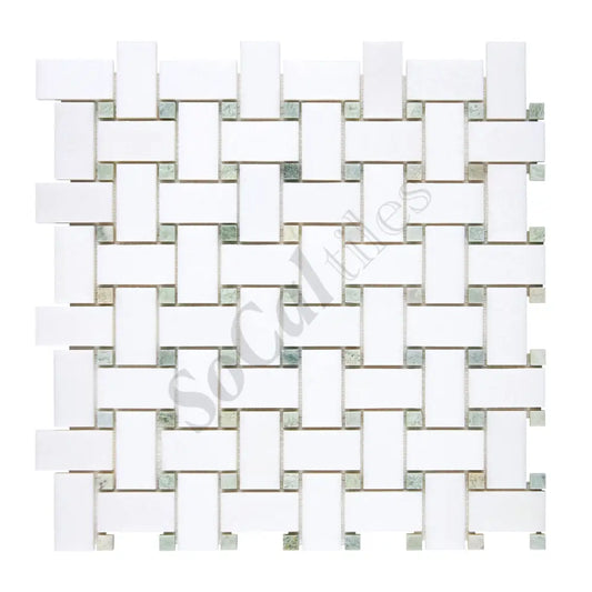 Thassos White Marble Basketweave Mosaic (w/ Ming Green) Polished/Honed Backsplash Tile