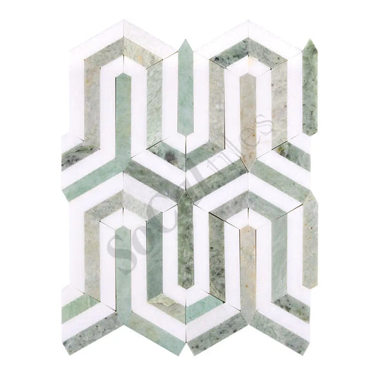 Thassos White Marble Berlinetta Mosaic (w/ Ming-Green) Polished/Honed Backsplash Tile
