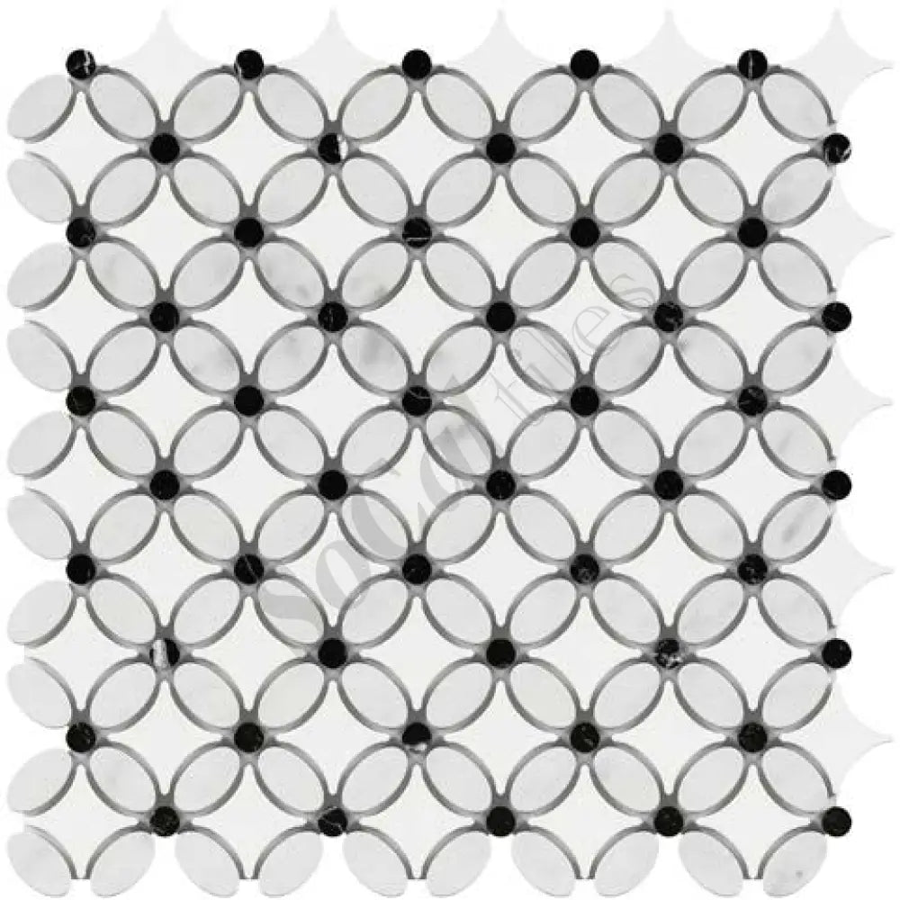 Thassos White Marble Florida Flower Mosaic (w/ Carrara Oval + Black Dots) Polished/Honed Backsplash Tile