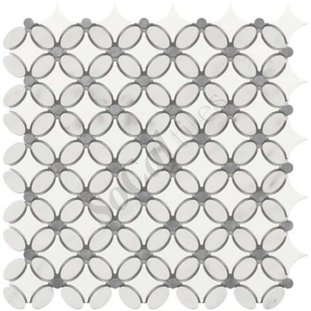 Thassos White Marble Florida Flower Mosaic (w/ Carrara Oval + Blue-Gray Dots) Polished/Honed Backsplash Tile