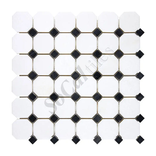 Thassos White Marble Octagon Mosaic (w/ Black) Polished/Honed Backsplash Tile