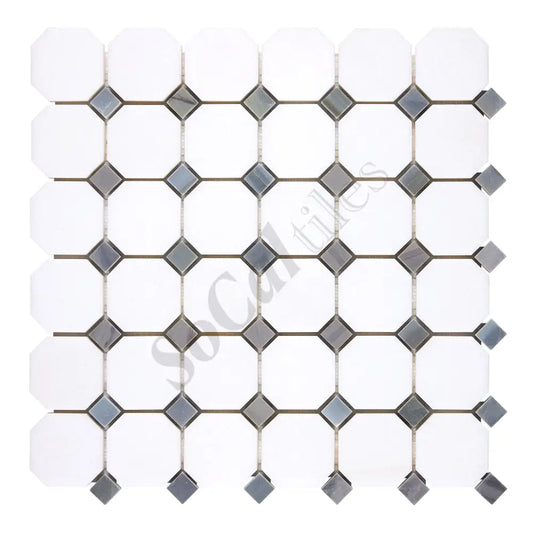 Thassos White Marble Octagon Mosaic (w/ Blue-Gray) Polished/Honed Backsplash Tile